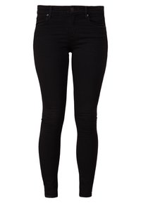 Svarta smala jeans i stretchdenim med femfickorsdesign, knapplåsning och diskret blekning på framsidan.