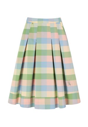 Fustă midi plisată cu model în carouri pastelate verde, albastru, roz și crem, decorată cu un mic personaj de desen animat brodat aproape de tiv.