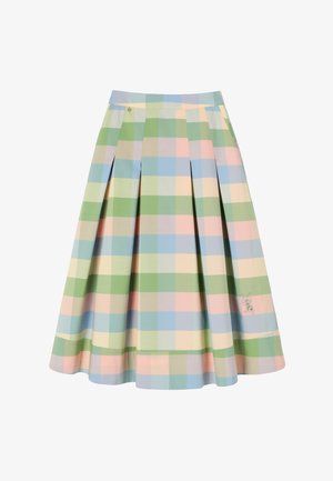 Pasztellzöld, kék, rózsaszín és krémszínű kockás mintájú, pliszírozott midi szoknya, melynek alján egy kis hímzett rajzfilmfigura található.