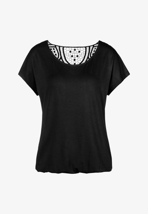 Musta lyhythihainen pusero, jossa pyöreä pääntie ja yläselässä kuvioitu pitsileikkaus.