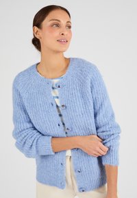 Cardigan lavorato a maglia azzurro chiaro con texture a costine, scollo rotondo e chiusura con cinque bottoni. Maniche lunghe con polsini. Aspetto morbido e peloso.