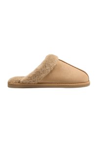 Zapatilla beige hecha de suave ante, con un acogedor borde de piel de peluche en la parte superior, diseño de fácil colocación y suela de goma flexible.