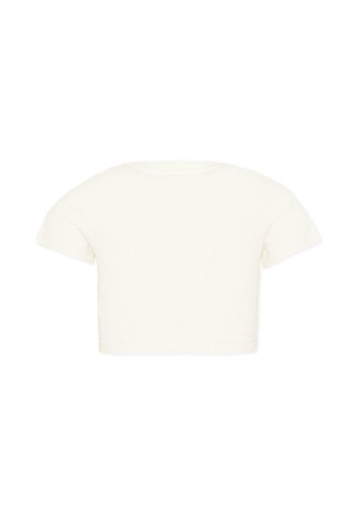 T-shirt blanc uni à manches courtes et coupe courte avec un col rond, vu de dos sur un fond blanc.