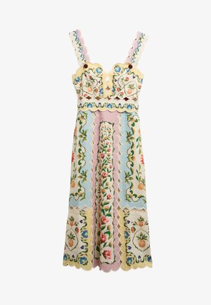 Μίντι φόρεμα χωρίς μανίκια με floral σχέδιο και κυματιστά τελειώματα, παστέλ πάνελ σε ροζ, μπλε, κίτρινο και περίπλοκη βοτανολογική κεντητική σε όλο το μήκος.