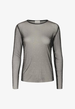 Zwarte doorschijnende lange mouwen top met ronde hals en verspreide kleine witte kralen die de stof gelijkmatig versieren.