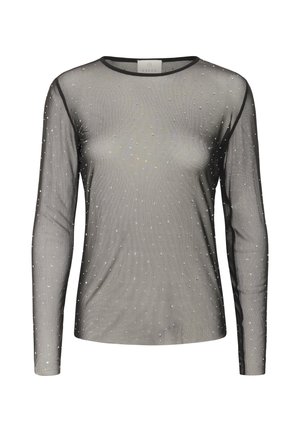 Haut en maille noir à manches longues avec des strass dispersés, col rond et silhouette près du corps. Texture légère et transparente.