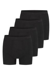 Sorte bomuldsboksershorts med elastisk talje, glat tekstur og tætsiddende design. Fire par er stablet tæt sammen.