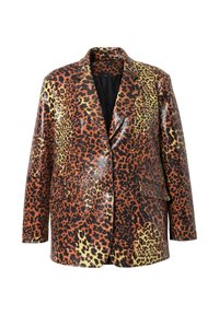Leopardmönstrad kavaj med en glansig finish, som har djärva färger i orange, svart och gult. Strukturerade slag och två framfickor.