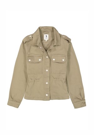 Chaqueta utilitaria caqui en mezcla de algodón, con hombreras abotonadas, dos bolsillos en el pecho, botones a presión y mangas largas.