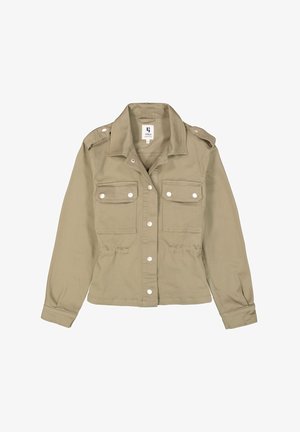 Chaqueta utilitaria caqui en mezcla de algodón, con hombreras abotonadas, dos bolsillos en el pecho, botones a presión y mangas largas.