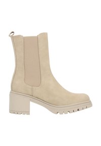 Bottine en daim beige avec talon carré, panneaux élastiques latéraux, languette de tirage à l'arrière et semelle robuste pour une meilleure adhérence.