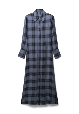 Abito a maniche lunghe, con bottoni e ampia colletto, in motivo a quadri blu e nero, esposto in piano su sfondo bianco.