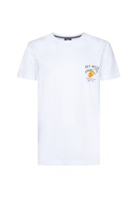Bílá bavlněná tričko s krátkými rukávy a kulatým výstřihem. Uprostřed má barevnou grafiku "Key West" s palmou a designem pomeranče na hrudi.