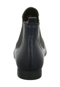 Schwarze Leder-Ankle-Boots mit elastischen Seitenpaneelen, runder Zehenform und niedrigem Absatz. Glatte Textur und minimalistisches Design.