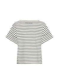 T-shirt blanc à manches courtes avec des rayures horizontales noires et le texte "PULZ JEANS" centré près de l'encolure au dos.