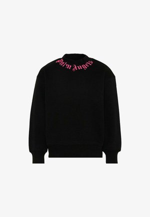 Czarna bluza z długim rękawem z prążkowanymi mankietami i dołem, z różowym napisem „Palm Angels” w gotyckiej czcionce na klatce piersiowej w pobliżu dekoltu.