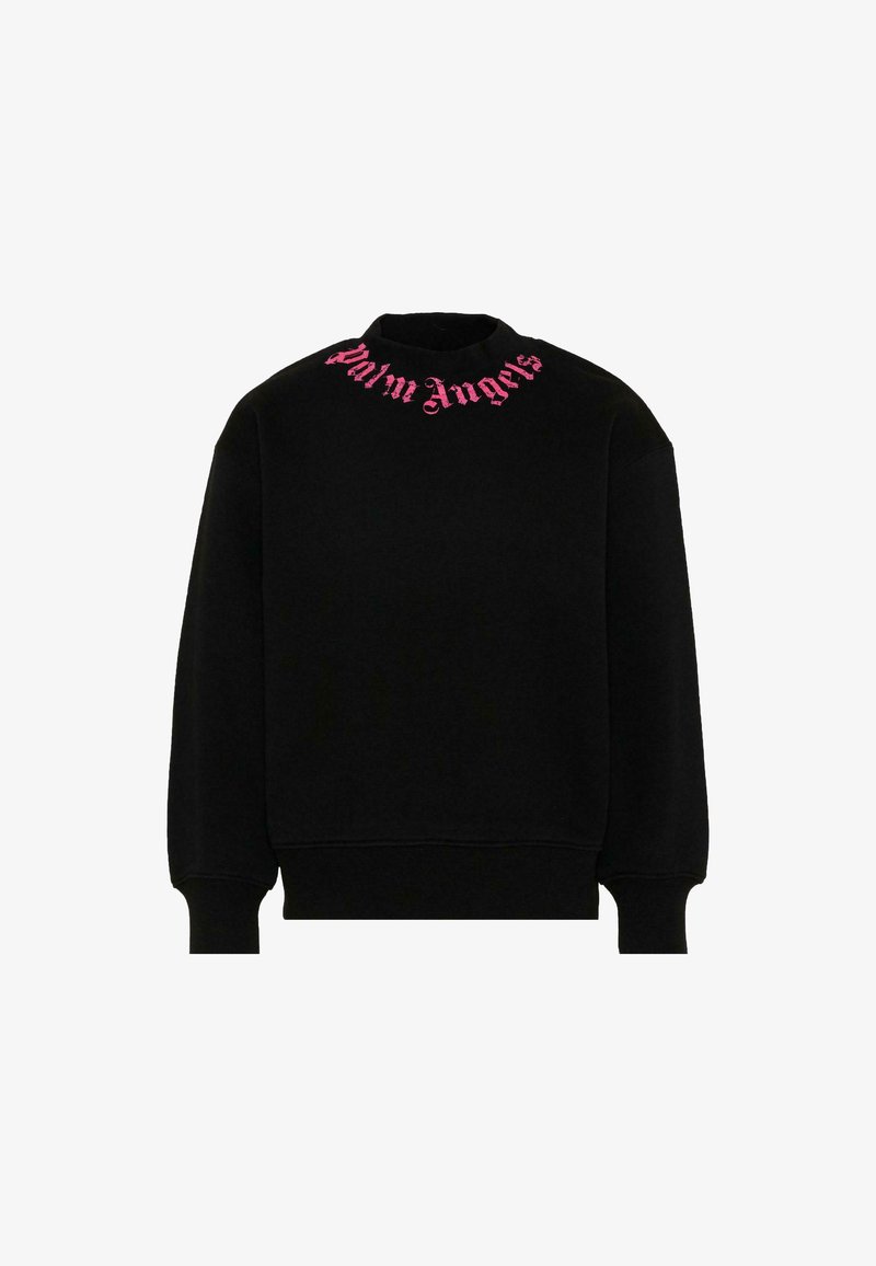 Sweat-shirt noir à manches longues avec poignets et ourlet côtelés, arborant le texte "Palm Angels" en rose dans une police gothique sur la poitrine près de l'encolure.