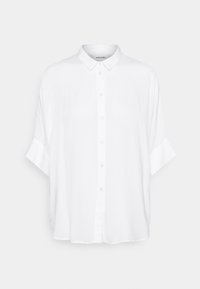 Camicia bianca a maniche corte con bottoni, realizzata in un tessuto liscio, caratterizzata da un colletto classico e un fit rilassato con polsini pieghevoli.