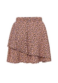 Korte gelaagde rok met elastische tailleband in perzik- en paarse luipaardprint op een zwarte achtergrond.