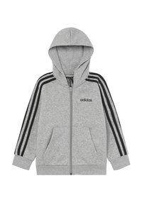 Grijze hoodie met rits en zwarte gestreepte accenten op de mouwen en voorkant. Voorzien van een capuchon en twee voorzakken. Gemaakt van zachte, gestructureerde stof.