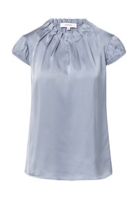 Hellblaues Satinbluse mit gerafftem Ausschnitt und kurzen Puffärmeln. Verfügt über eine weiche Textur und eine glatte Oberfläche. Sauberer Saum.