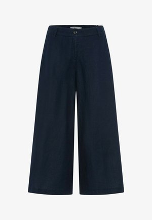 Marineblå vidde-kortbukser med knap- og lynlåslukning, bæltestropper og sidelommer.