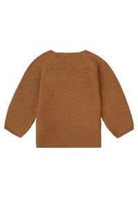 Brun stickad tröja med boxig form, långa ärmar och ribbade muddar. Texturerad yta med en sömlös design och rund halsringning.