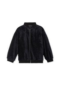 Giacca bomber nera a costine realizzata in materiale morbido, con zip frontale, polsini e colletto a coste, dal taglio rilassato.