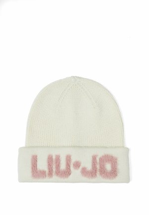 Beanie lavorato a maglia in bianco sporco con risvolto. Presenta il logo rosa morbido "LIU·JO", una texture liscia e dettagli sul corone.