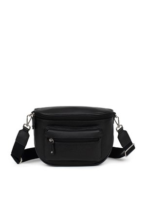 Zwarte leren heuptas met een ronde vorm, bovenste ritssluiting, voorklep met ritssluiting en verstelbare schouderband. Glad textuur, minimale hardware.