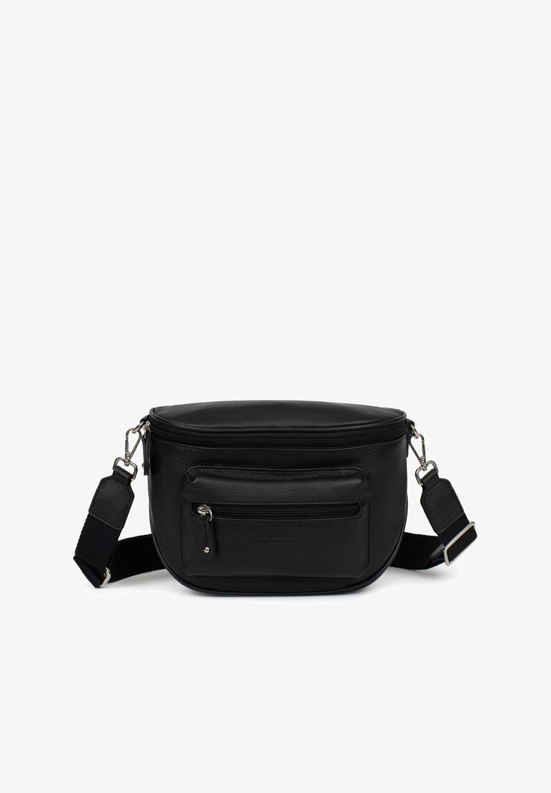 Marsupio in pelle nera con una forma arrotondata, chiusura superiore con zip, tasca frontale con zip e tracolla regolabile. Texture liscia, hardware minimal.