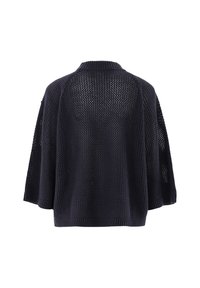 Langer, offener, dunkelblauer Pullover aus Grobstrick mit einem weit geschnittenen, lässigen Schnitt, der einen Schalkragen und dreiviertel Ärmel aufweist. Texturiertes Material mit lockerer Webart.