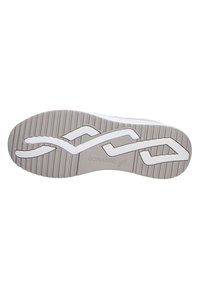 Sole of a sneaker, featuring a textured gray rubber material with white accents and a wavy design pattern for grip and traction.