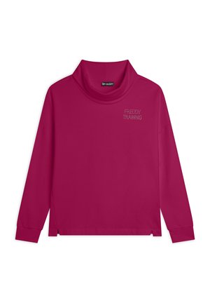 Maglia a maniche lunghe con collo alto di un rosa brillante. Presenta una vestibilità morbida, spacchi laterali e il logo "FREDDY TRAINING" in argento sul petto. Texture liscia.