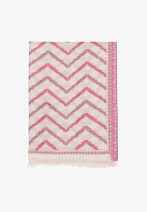 Crèmekleurige stof met roze en mauve zigzagpatronen en een versierde roze rand, afgewerkt met korte franjes aan één rand.