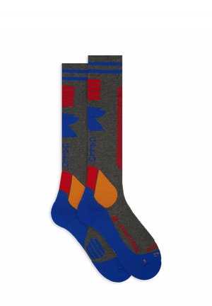 Multicolored socks made from a textured gray material. Features vibrant blue, red, and orange geometric patterns and accents.