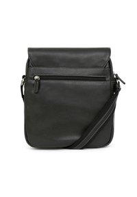 Borsa a tracolla nera in pelle con superficie testurizzata, patta superiore, tasca frontale con zip e tracolla removibile. Forma semplice e rettangolare.