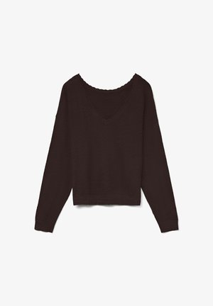 Dunkelbrauner, kurzer Pullover mit langen Ärmeln, der einen V-Ausschnitt und gewellte Abschlüsse aufweist. Hergestellt aus weichem, texturiertem Material.