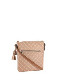 Borsa a tracolla marrone chiaro con un motivo testurizzato, tasca frontale con zip e dettaglio con frange. Dispone di una tracolla regolabile marrone.
