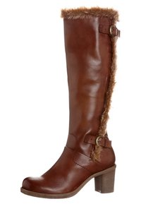 Stivale marrone in pelle alla ginocchio con bordo in pelliccia sintetica, dettagli con fibbie, tacco leggero e texture liscia. Caratterizzato da punta arrotondata e suola robusta.