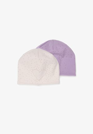 Set di due cappellini: uno rosa chiaro con motivo a cuori e decorazioni, l'altro lavanda con un design a pois. Tessuto morbido ed elastico.