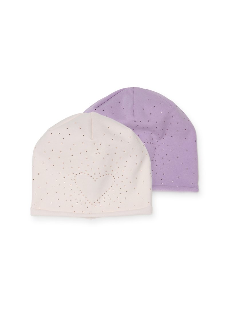 Set di due cappellini: uno rosa chiaro con motivo a cuori e decorazioni, l'altro lavanda con un design a pois. Tessuto morbido ed elastico.