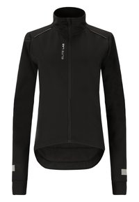 Zwarte softshell jas met hoge kraag, volledige rits en reflecterende accenten. Voorzien van lange mouwen en een licht gebogen zoom voor een gestroomlijnde pasvorm.