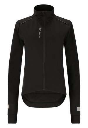 Zwarte softshell jas met hoge kraag, volledige rits en reflecterende accenten. Voorzien van lange mouwen en een licht gebogen zoom voor een gestroomlijnde pasvorm.