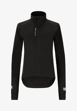 Schwarze Softshell-Jacke mit hohem Kragen, durchgehendem Reißverschluss und reflektierenden Akzenten. Sie verfügt über lange Ärmel und einen leicht abgerundeten Saum für eine elegante Passform.