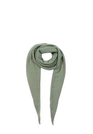 Soft, sage green triangular scarf with pointed ends, folded and rolled in the center on a white background.