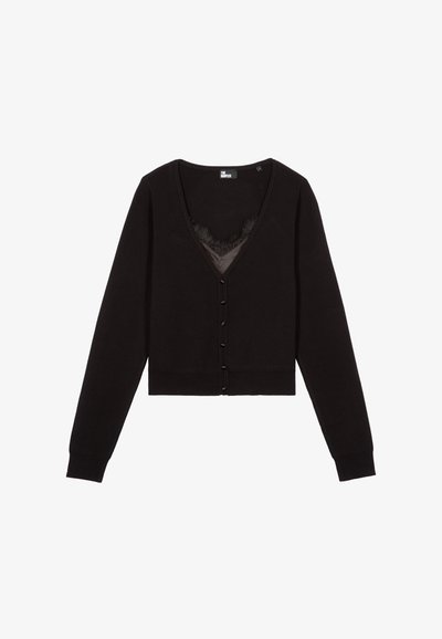 Sort kort cardigan med lange ærmer, V-hals og knaplukning foran. Indeholder et indvendigt lag med blondestrimler. Blødt materiale, minimalistisk design.