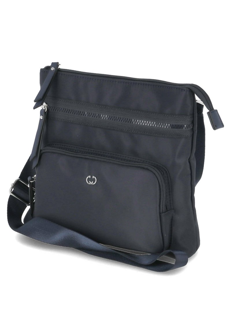 Borsa a tracolla in nylon blu navy con tracolla regolabile, dotata di scomparti con zip multipli e un logo discreto sulla parte anteriore. Texture liscia.