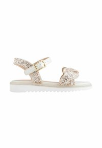 Sandale blanche pour enfant avec devant et brides à la cheville pailletés, boucle dorée et semelle blanche rainurée.