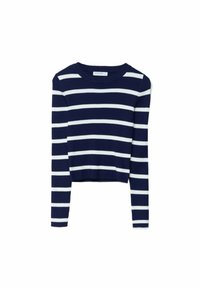 Top corto a righe blu navy e bianche, texture a costine, maniche lunghe, scollatura rotonda, con righe orizzontali e vita aderente.